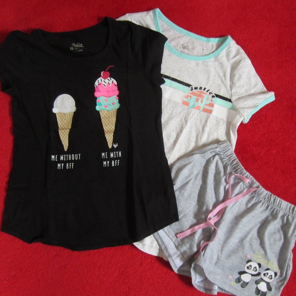 Lot 3 pc. JUSTICE Girl's Clothing - 2 Tee Tops - 1 Shorts Size 12
